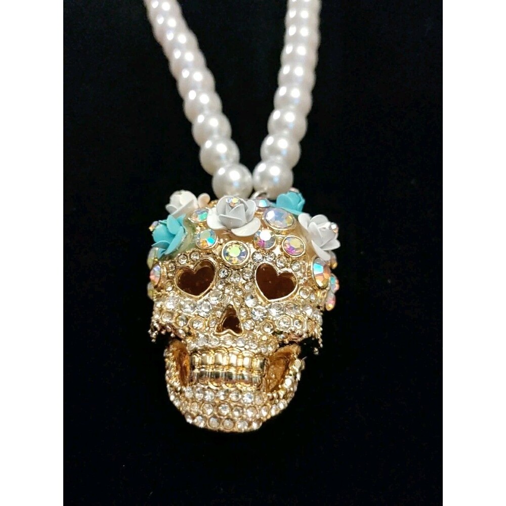 Sugar Skull Pendant On Faux Pearl Beaded Necklace 24"